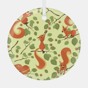 Adorno De Cristal Ardilla roja en ramas de avellano.