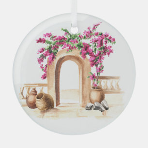 Adorno De Cristal arquitectura mediterránea, flores, acuarela, h