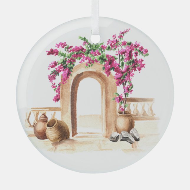 Adorno De Cristal arquitectura mediterránea, flores, acuarela, h (Anverso)