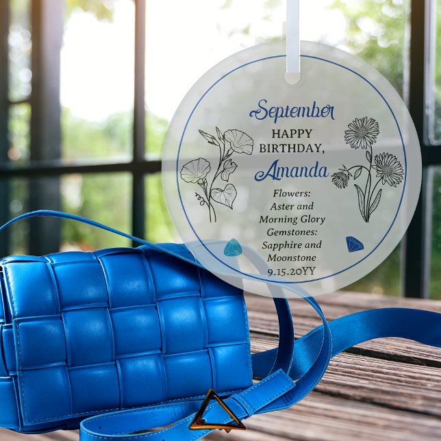 Adorno De Cristal Aster de septiembre | Buenos días cumpleaños Keeps (September Aster and Morning Glory Floral | Sapphire, Moonstone Gemstones Birthday Keepsake Ornament)
