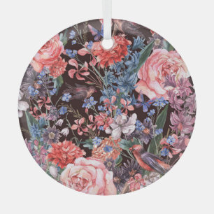 Adorno De Cristal Aves Florales Vintage: Elegancia acuarela.