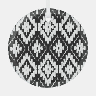 Adorno De Cristal Azteca Black-White: Impresión étnica vintage.