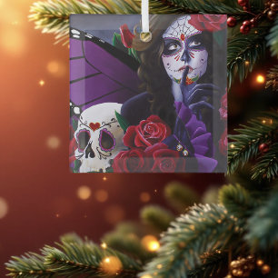Adorno De Cristal Azúcar Skull Roses Rojas Morado