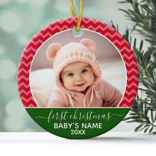 Adorno De Cristal Babys First Christmas Chevrras rojas y foto verde