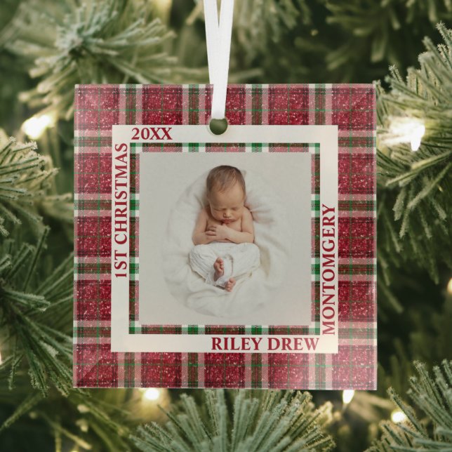 Adorno De Cristal Baby's First Christmas Photo Plaid (in situ)