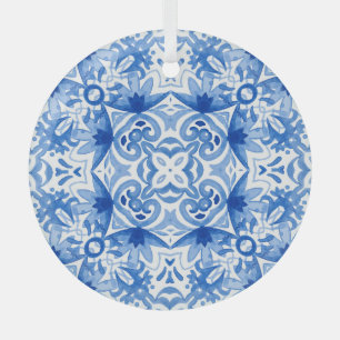 Adorno De Cristal Baldosa azul blanca, acuarela sin costura.