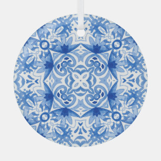 Adorno De Cristal Baldosa azul blanca, acuarela sin costura.