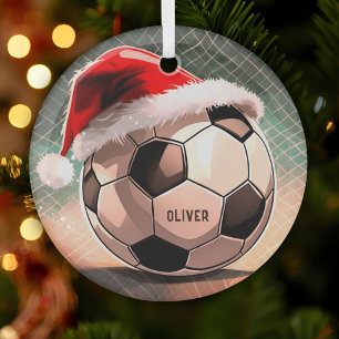 Adorno De Cristal Balón de Fútbol con Sombrero Rojo de Santa Nombre