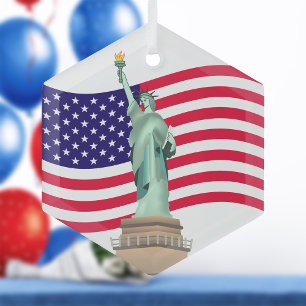 Adorno De Cristal Bandera Estadounidense Y Dama Libertad
