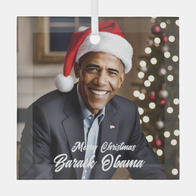 Adorno De Cristal Barack Obama en Santa Hat Navidades (Anverso)