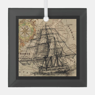 Adorno De Cristal Barco Antiguo y Mapa