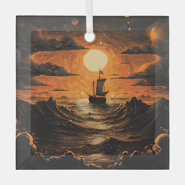 Adorno De Cristal Barco navegando por la noche (Anverso)