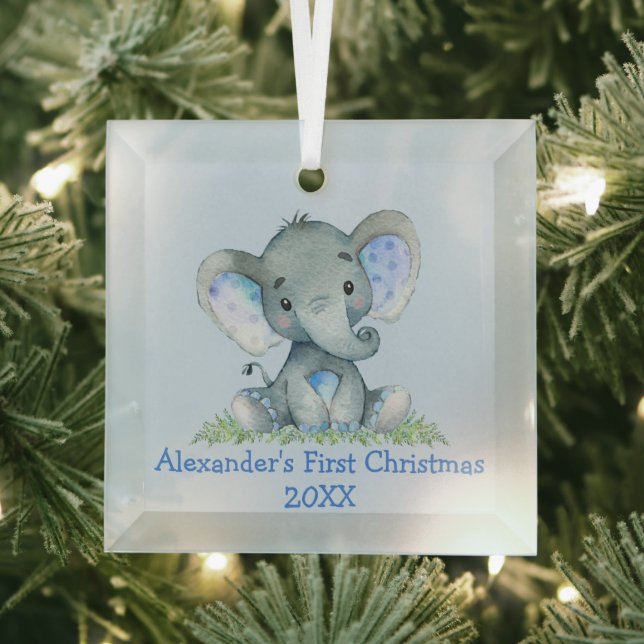Adorno De Cristal Bebé primera acuarela de Navidad Elefante Azul