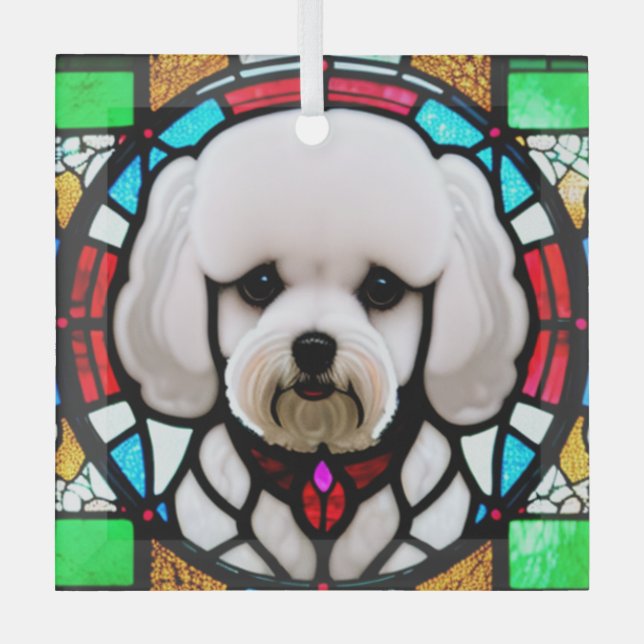 Adorno De Cristal Bichon Frise "Vidrio Manchado" (Anverso)