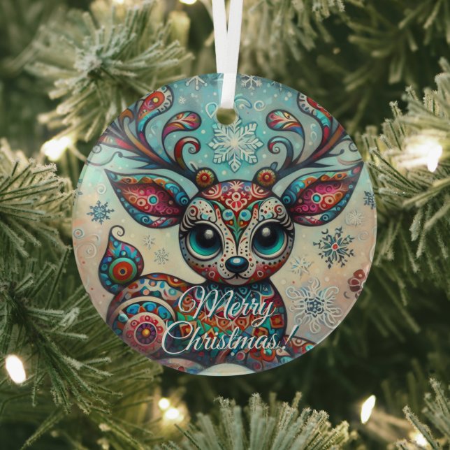 Adorno De Cristal Big Eye Christmas Reindeer Folk Art Personalized (in situ)