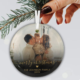 Adorno De Cristal Black Gold Script Family Photo Merry Christmas