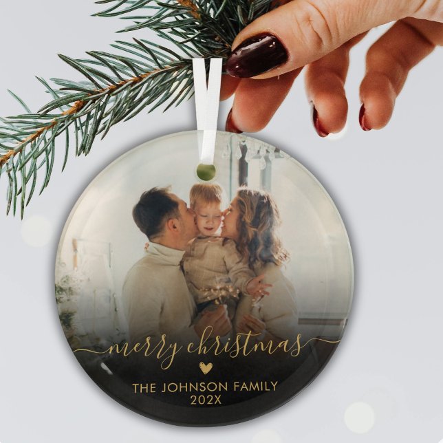 Adorno De Cristal Black Gold Script Family Photo Merry Christmas (Subido por el creador)