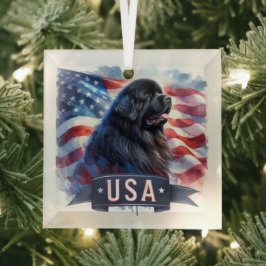 Adorno De Cristal Black Newfie Patriotic 