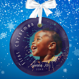 Adorno De Cristal Blue Baby's First Christmas Splatter Pattern