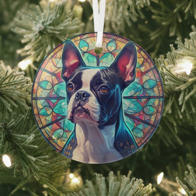 Adorno De Cristal Blue Gold Boston Terrier Dog Stainer (in situ)