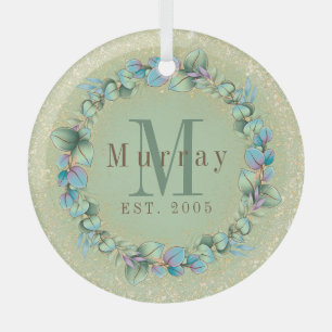 Adorno De Cristal Blue Green Monogramed Eucalyptus Wreath