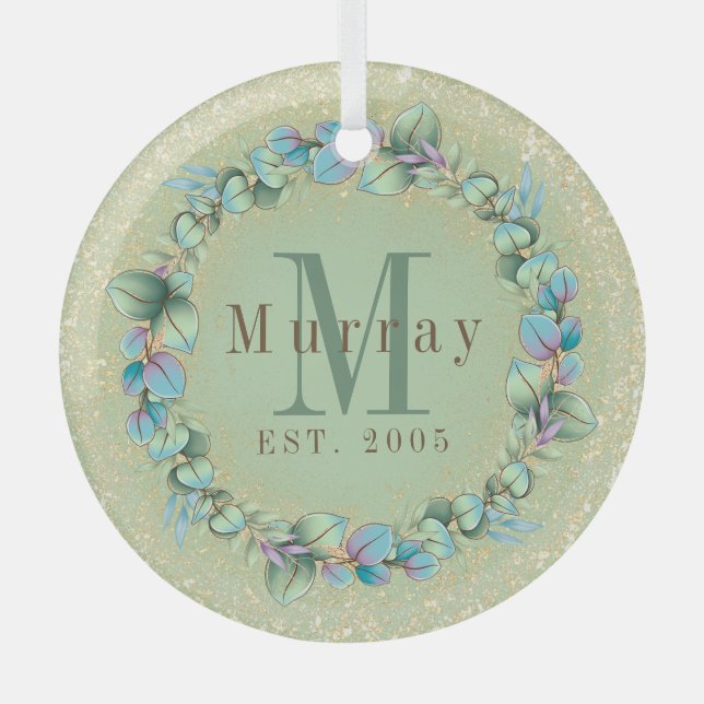 Adorno De Cristal Blue Green Monogramed Eucalyptus Wreath (Anverso)
