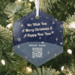 Adorno De Cristal Blue Merry Christmas Business Name QR code vintage<br><div class="desc">Un elegante ornamento navideño personalizado con copos de nieve y estrellas y un efecto texturizado. Agregue texto y su URL para crear el código QR.</div>