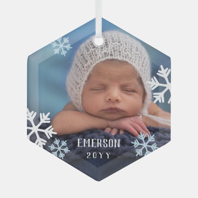 Adorno De Cristal Blue White Snflakes Baby Photo Añadir nombre y año (Anverso)