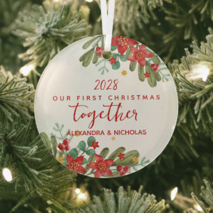 Adorno De Cristal Bonito Poinsettia Primer Personalizado de Navidad