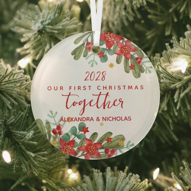 Adorno De Cristal Bonito Poinsettia Primer Personalizado de Navidad (in situ)