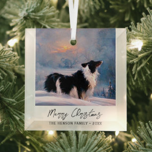 Adorno De Cristal Border Collie en paisaje invernal nevado Navidad