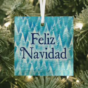 Adorno De Cristal Bosque fractal azul - Feliz Navidad
