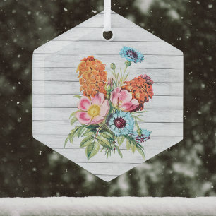 Adorno De Cristal Bouquet rosa azul y Naranja en la madera de imitac