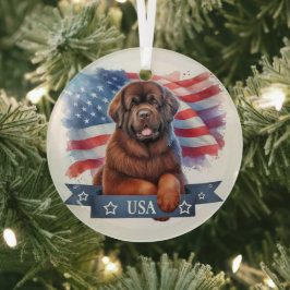 Adorno De Cristal Brown Newfie Patriotic Round Glass Ornament