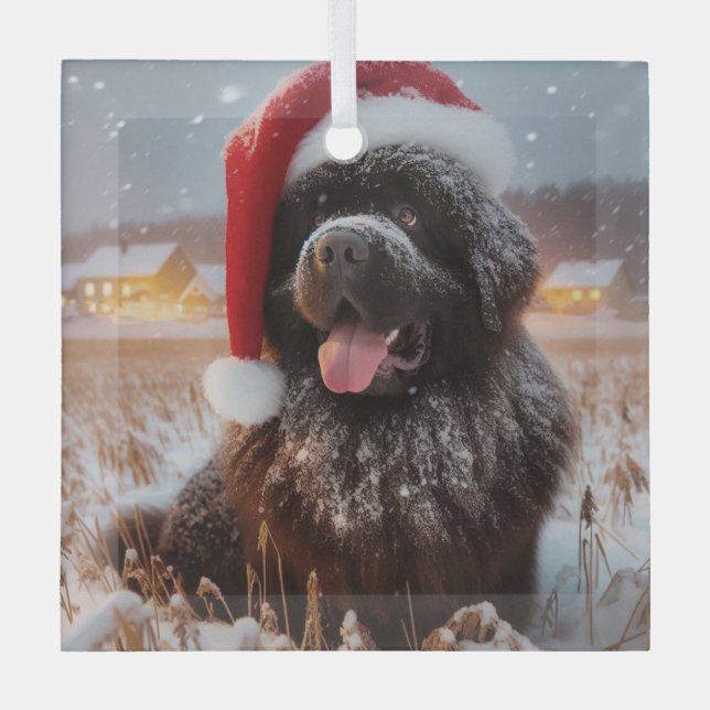 Adorno De Cristal Brown Santa Newf Sitting in Snow Ornament (Anverso)