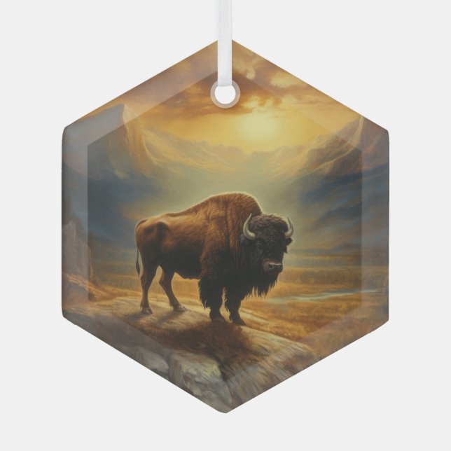 Adorno De Cristal Buffalo Bison Sunset Silhouette (Anverso)