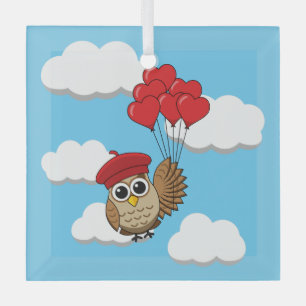 Adorno De Cristal Búho lindo volando con globos cardíacos