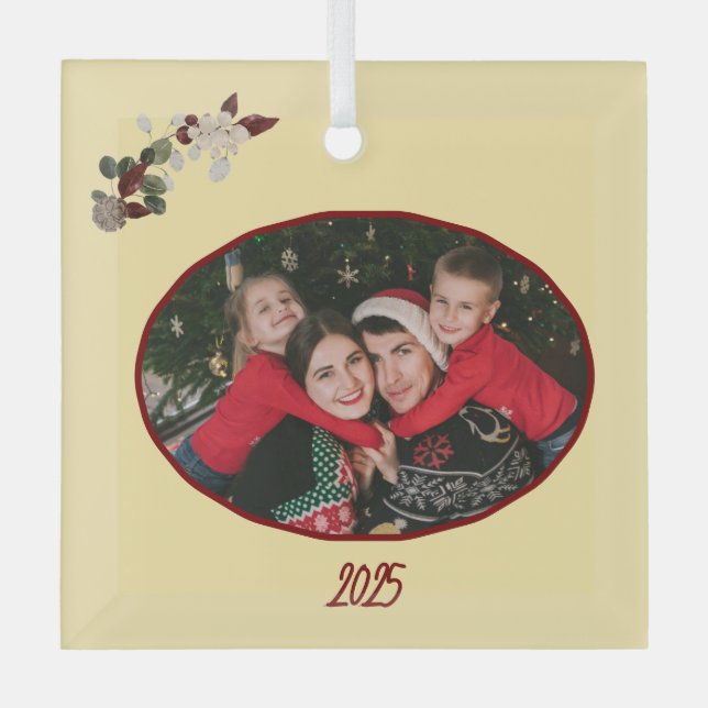 Adorno De Cristal Butter Yellow & Deep Red Floral Photo Christmas (Anverso)
