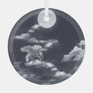 Adorno De Cristal Caballo alado blanco: cielo iluminado por la luna.