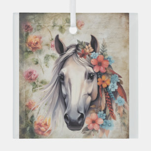 Adorno De Cristal Caballo blanco en flores.