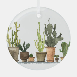 Adorno De Cristal Cacti color de agua verde: ollas dibujadas a mano