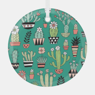 Adorno De Cristal Cactus Florecidos Fondo Verde Vintage