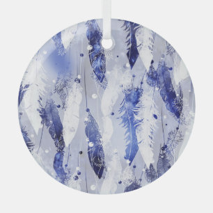 Adorno De Cristal Caída de plumas: patrón azul acuarela.