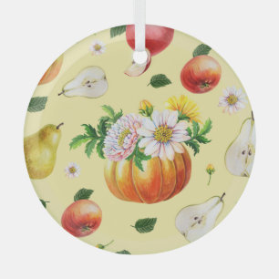 Adorno De Cristal Calabaza, crisantemo: ilustracion de fruta otoñal.
