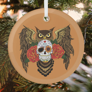 Adorno De Cristal Calavera Vibrante de Búho con Rosas Rojas 