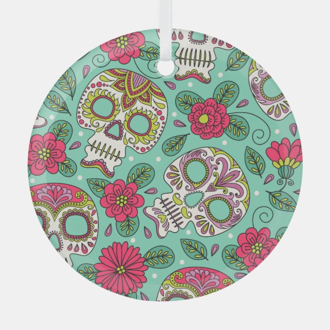 Adorno De Cristal Calavera y flores mexicanas, sin costura. (Anverso)