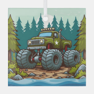 Adorno De Cristal Camión verde monstruo en el bosque