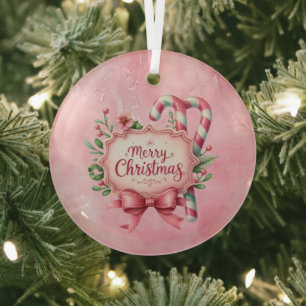 Adorno De Cristal Cañas de Caramelo Rosadas Navideñas Acebo