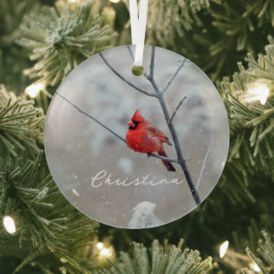 Adorno De Cristal Cardenal rojo invernal en nieve