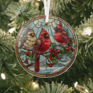 Adorno De Cristal Cardenales de invierno en ramas de bayas